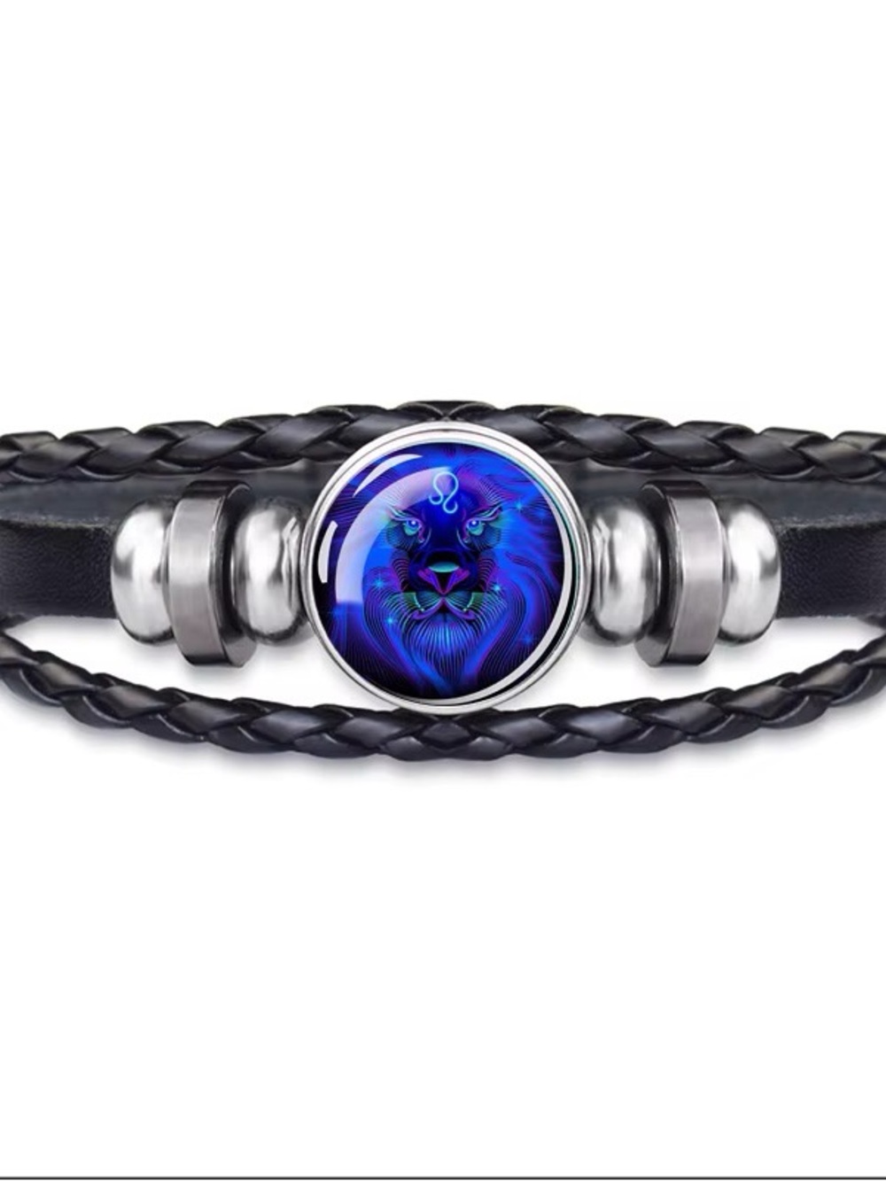 Black Leather Leo Lion Charm Bracelet
